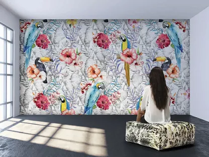 Carta da parati vinilica con fiori, pappagalli e tucani Rio Grande di Instabilelab