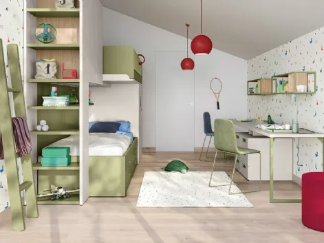 Cameretta a soppalco con scrivania Kids space 17 in melaminico di Nidi