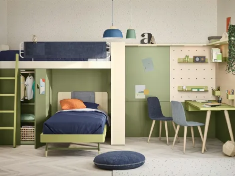 Cameretta a soppalco con scrivania Kids space 11 in melaminico di Nidi