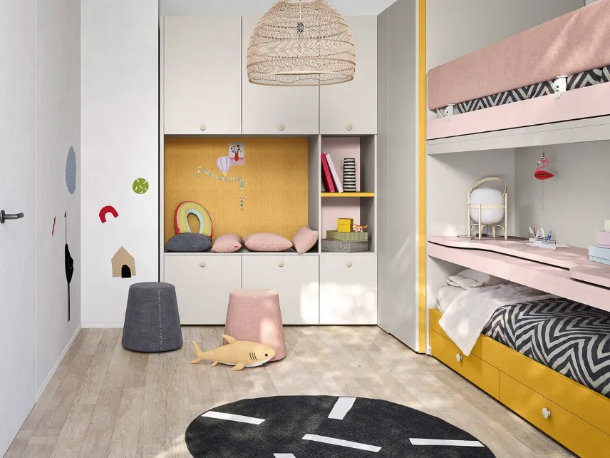 Cameretta con letti a castello, piano scrivania estraibile, armadio a muro Kids space 15 di Nidi