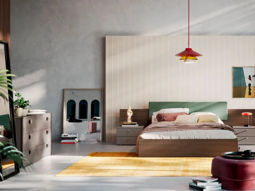 Letto con pannello in tessuto e box contenitore Diska di Orme