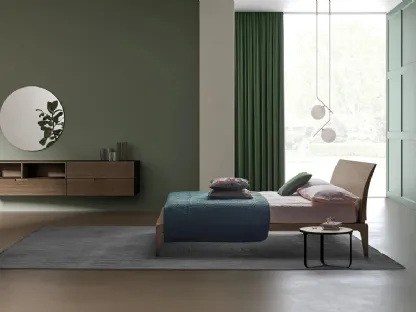 Letto in legno massello di Rovere finitura Tabacco con testiera curva Shark di Devina Nais