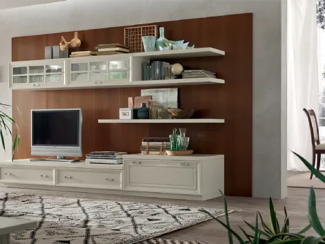 Parete Attrezzata MU454 con Boiserie Noce e finitura mobile Panna di Maronese Acf