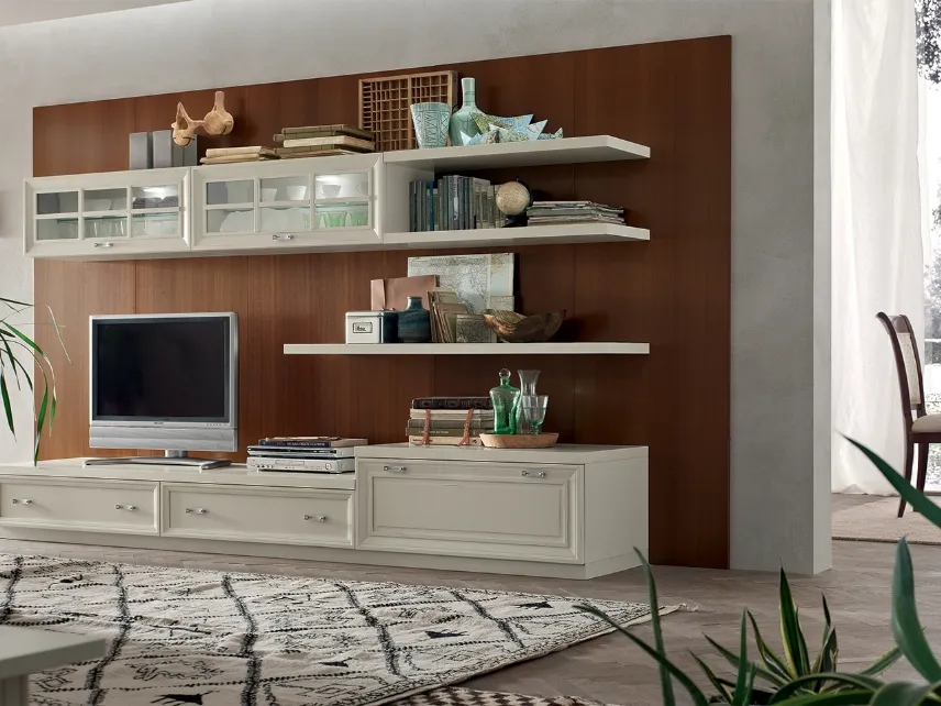Parete Attrezzata MU454 con Boiserie Noce e finitura mobile Panna di Maronese Acf
