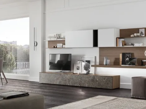 Parete Attrezzata Seta SA2230 in melaminico marmo Ash Stone, Rovere, Avena, Bianco e laccato opaco Ferro di Maronese Acf
