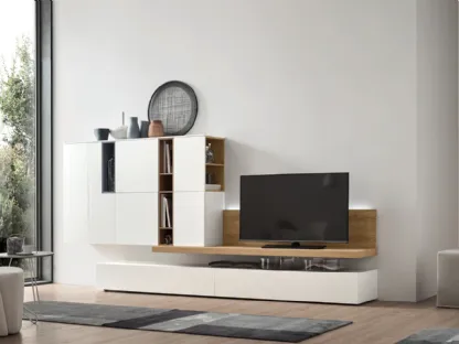 Parete Attrezzata Seta Unix SU2104 in melaminico Rovere nodato, Bianco e laccato opaco Cotto, Ceruleo di Maronese Acf