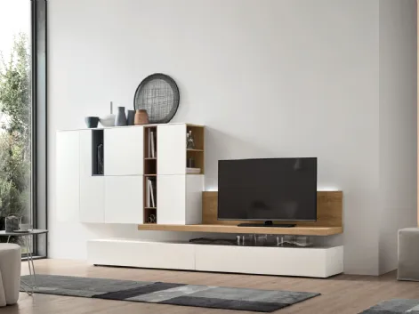 Parete Attrezzata Seta Unix SU2104 in melaminico Rovere nodato, Bianco e laccato opaco Cotto, Ceruleo di Maronese Acf