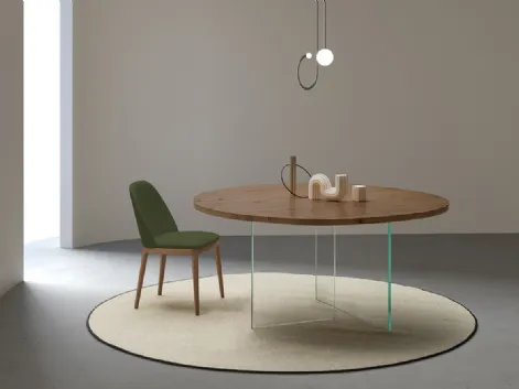 Tavolo Smart Rotondo con piano in legno e base in vetro trasparente di Devina Nais