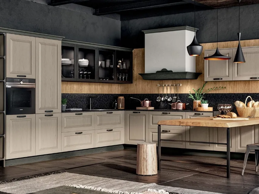 Cucina Classica angolare in Frassino Decapè con penisola in impiallacciato Rovere tinto Naturale Romantica 02 di Gentili Cucine