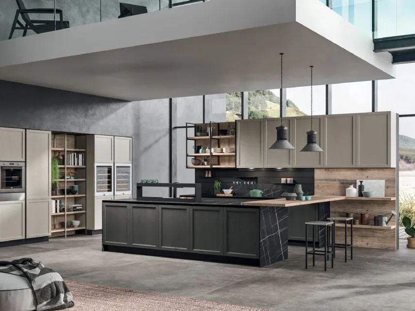 Cucina Moderna Time 10 in Rovere laccato Grigio Perla, Rovere tinto Grafite e legno antico Old Abete saponato di Gentili Cucine