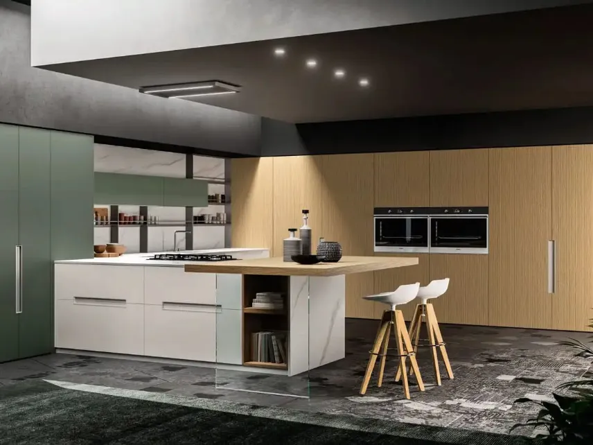 Cucina Moderna con penisola Time 04 2023 in Pet opaco Felce e Bianco e cannettato Grano di Gentili Cucine