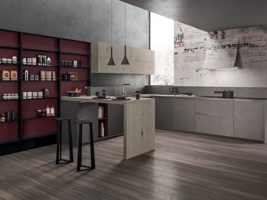 Cucina Moderna con penisola Time 09 in laminato HPL e impiallacciato Rovere di Gentili Cucine